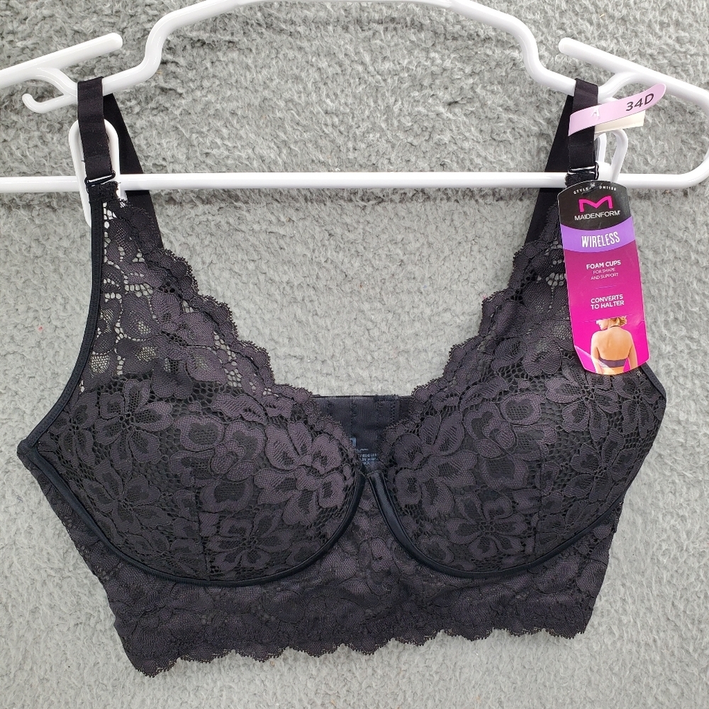 Maidenform Black Floral Lace Wireless Padded Bra 34D